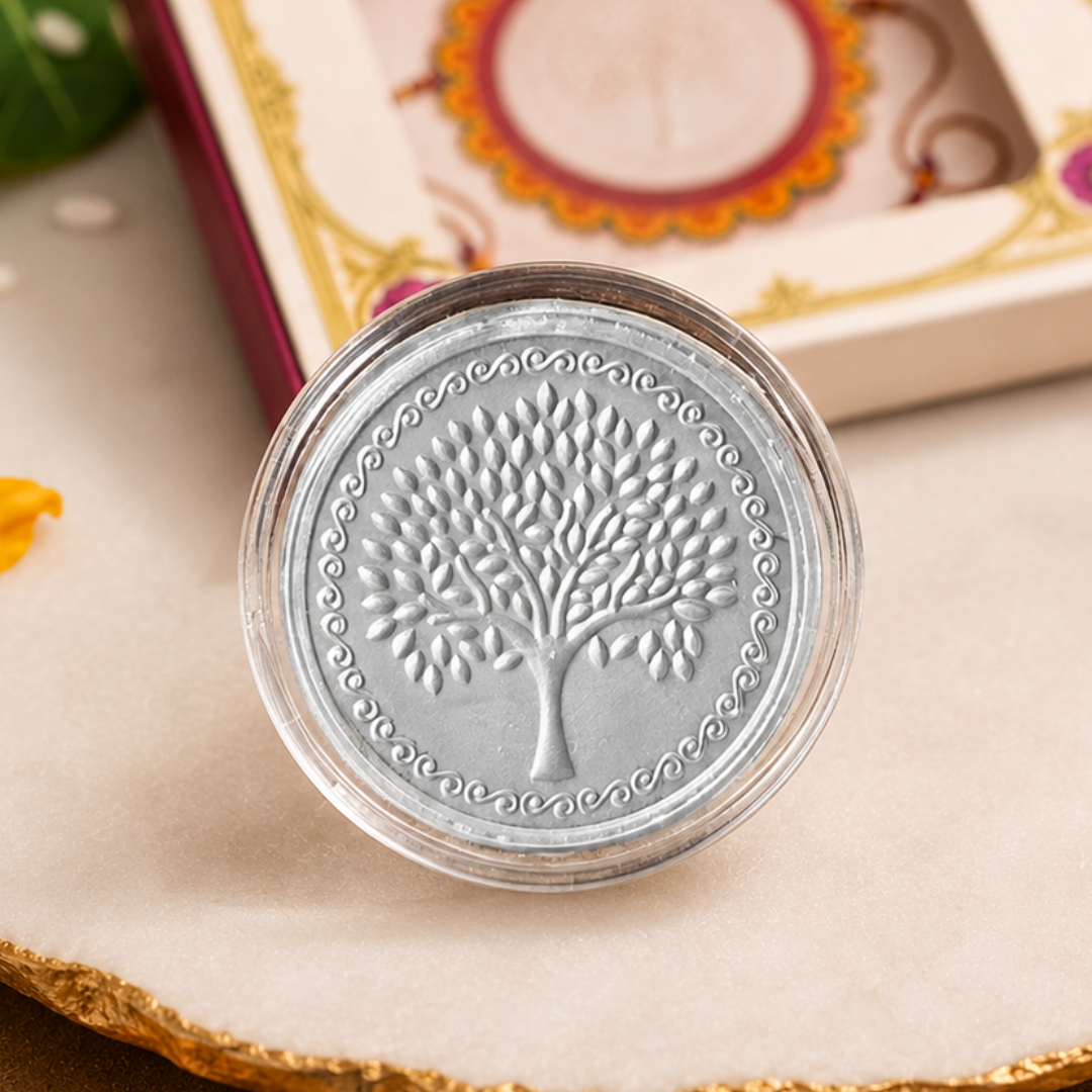 Premium Raksha Bandhan Silver Coin Gift Box – Tree of Life Design