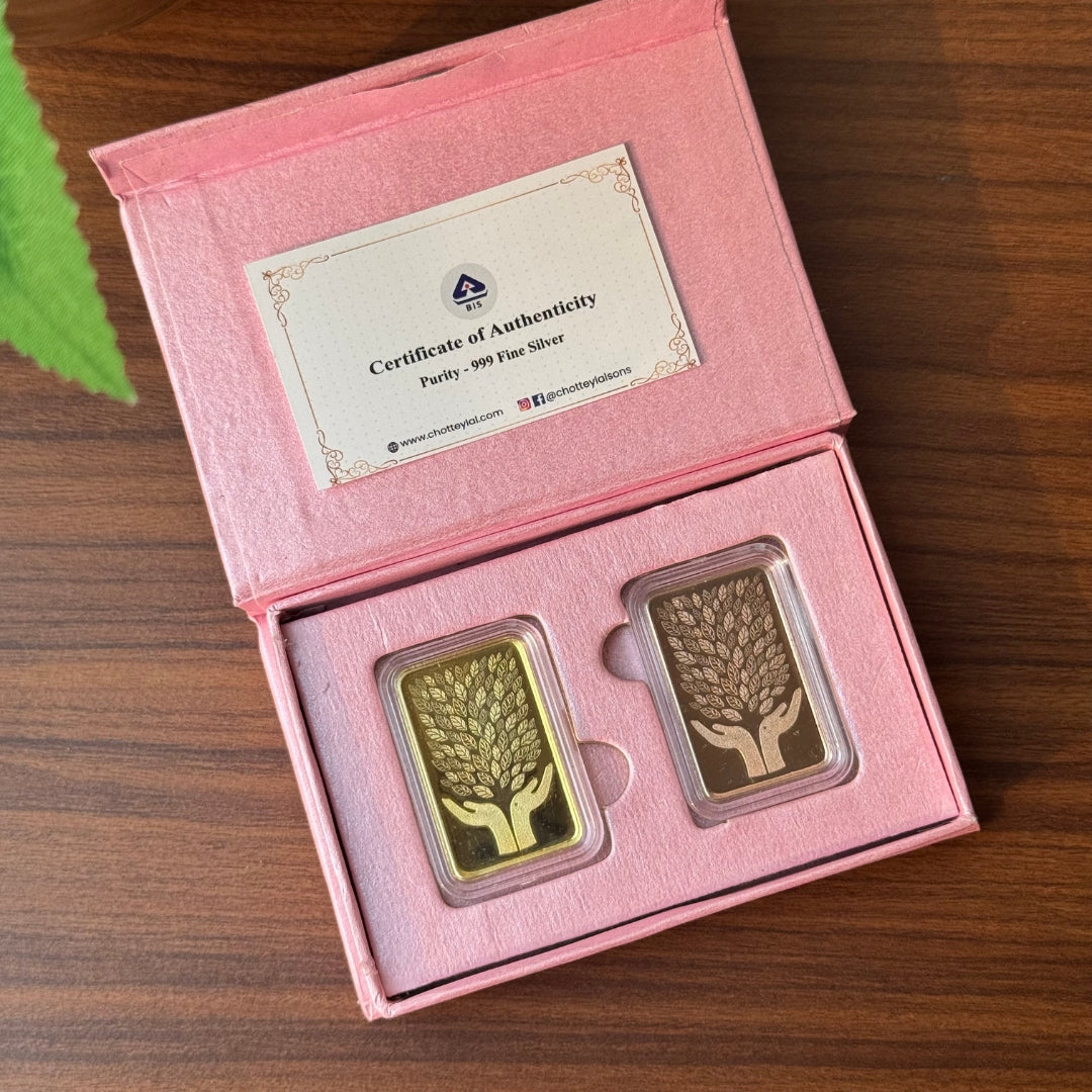 Leaf In Hand, Gold & Rose Gold Finish, Bar Shape, Set of 2 (5 Gram Each), 999 Purity Silver Coin - Ready To Ship