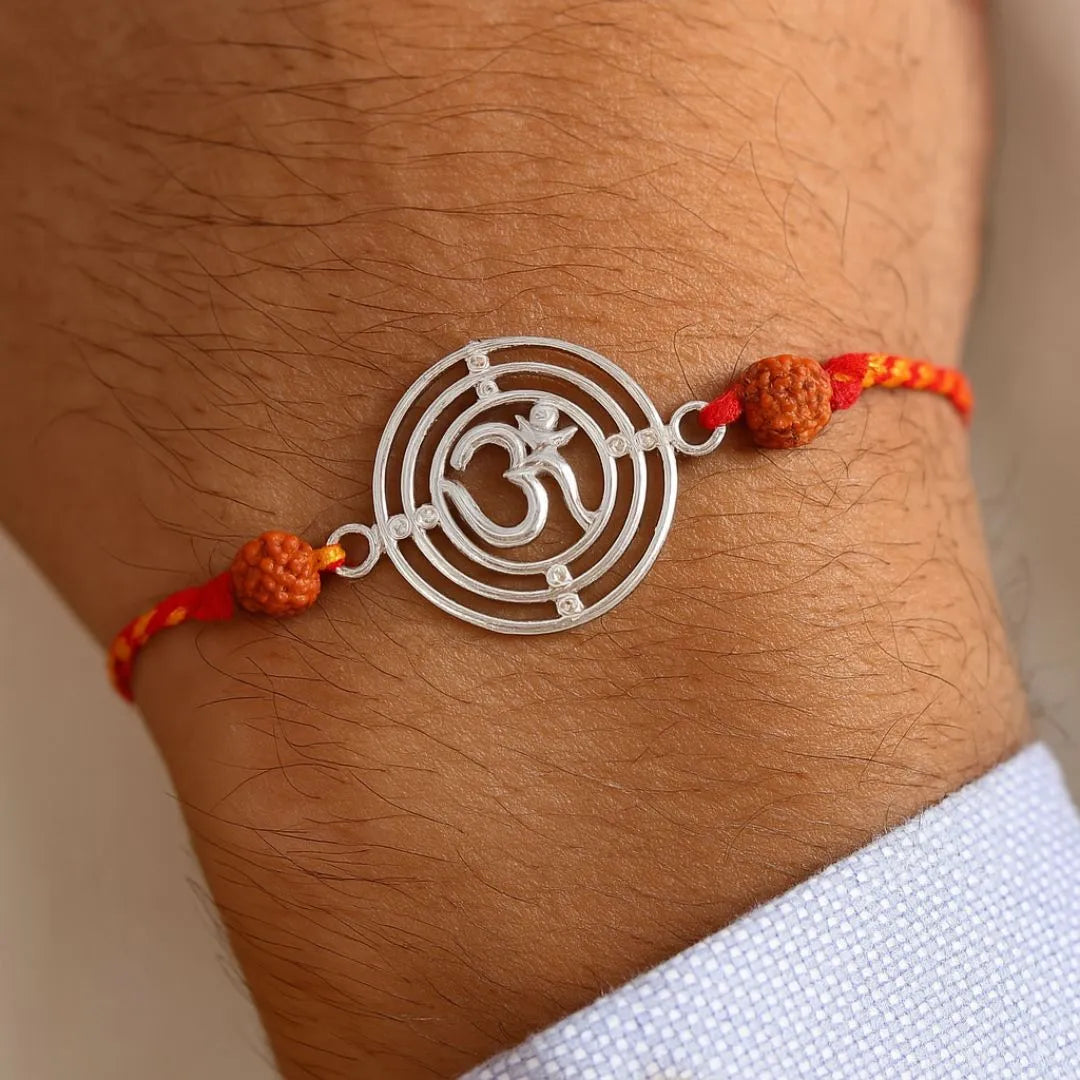 Sacred Bond Rakhi – Om with Rudraksha Detailing in 92.5 Silver