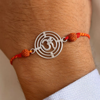 Sacred Bond Rakhi – Om with Rudraksha Detailing in 92.5 Silver
