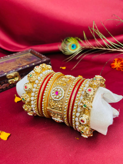 Traditional Red and Gold Kada Set adorned with Pearls