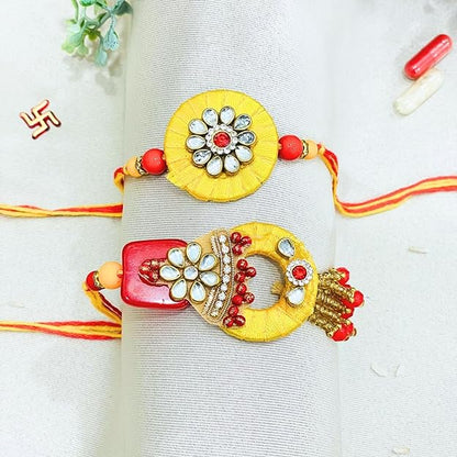 Pair Rakhi - Set of 3 Rings  with  Yellow Thread  Red Stone