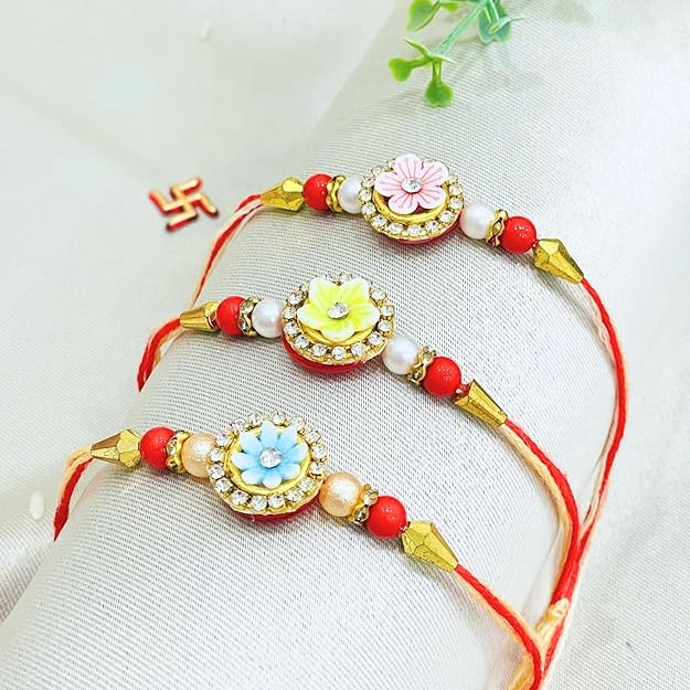 Men's Rakhi - Set of 3 Yellow , Pink and Blue Flower