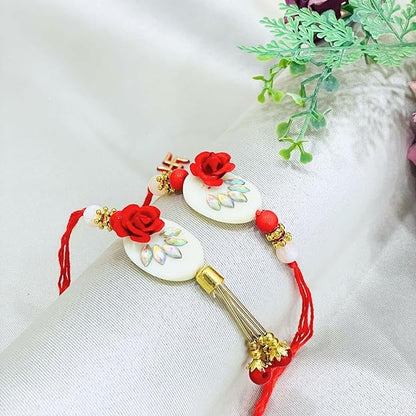 Pair Rakhi - Red Flower and White Beads Design