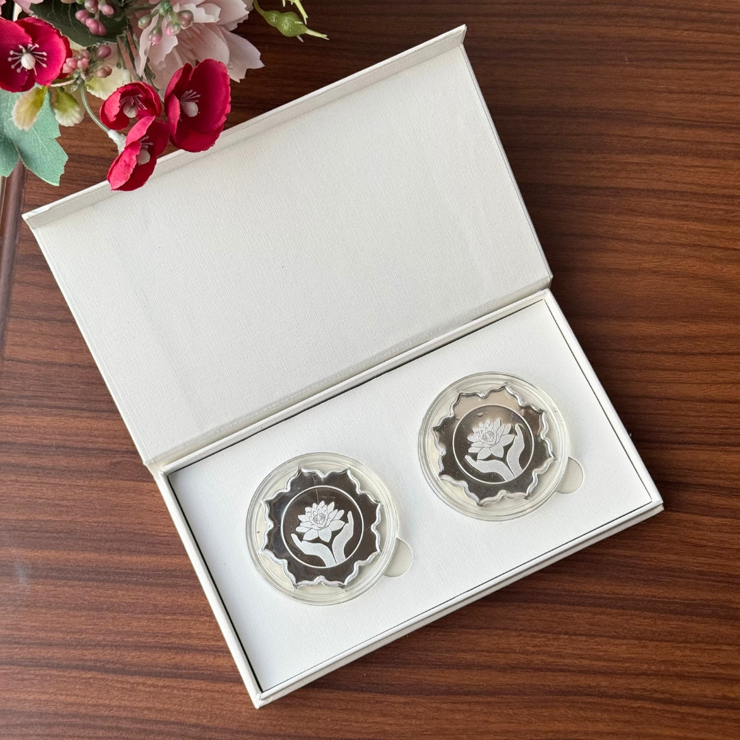 Lotus In Hand Design, Silver Finish, Lotus Shape, Set  of 2 Coins (25 Grams Each), 999 Purity Silver Coin - Ready To Ship