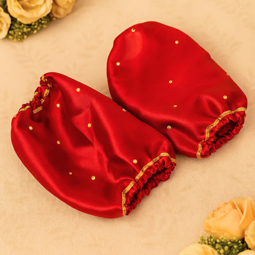 Red Satin Chooda Cover With Golden Stones