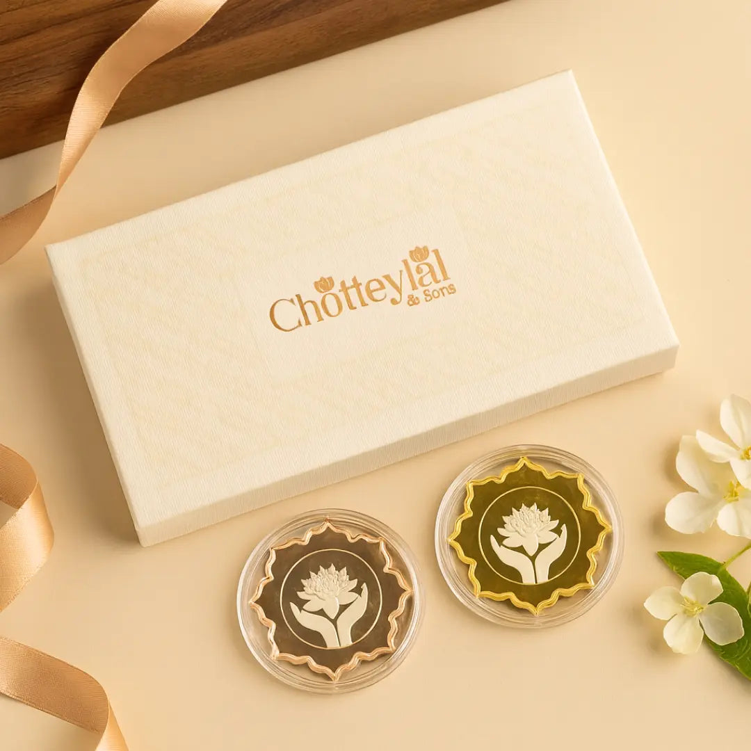 Lotus In Hand, Rose Gold & Gold Finish, Lotus Shape, Set  of 2 Coins (25 Grams Each), 999 Purity, White Box - Ready To Ship