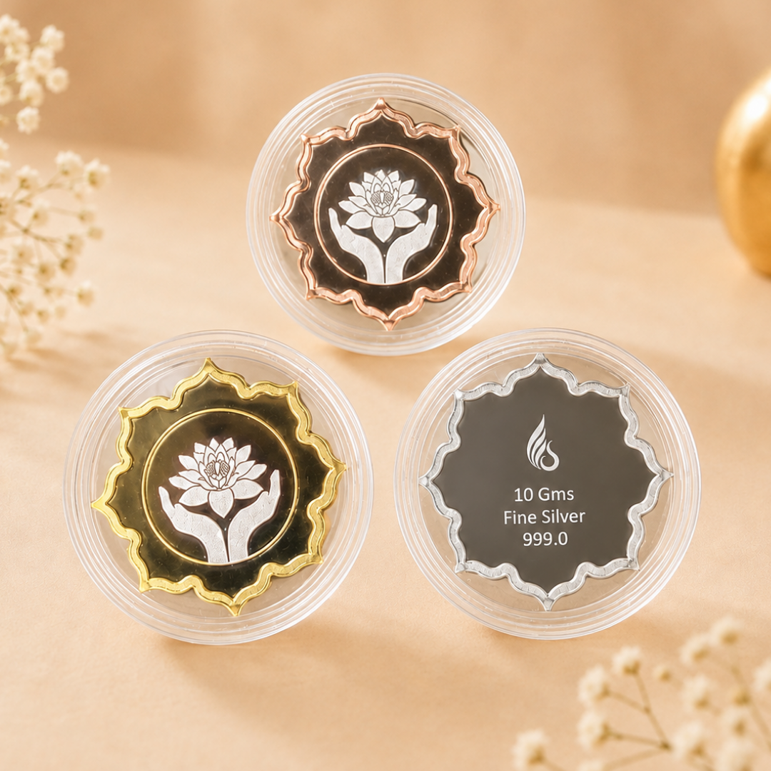 Lotus In Hand, Tri-Color, Lotus Shape - Set of 3 Coins (10 g Each, Total 30 g)