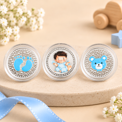 Welcome Little Prince Baby Boy UV Printed Silver Coin Box Set (3 Coins x 1gm Each)