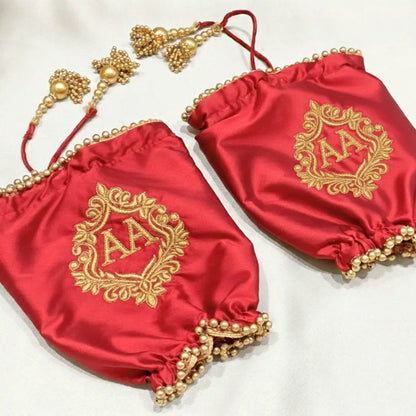 Red Satin Chooda Cover With Golden Beads - With Initials Customisation