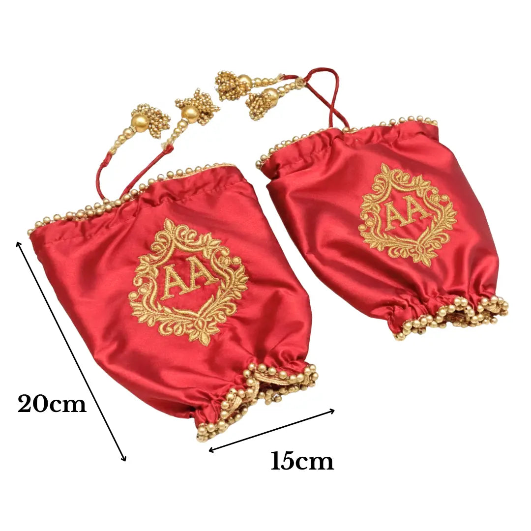 Red Satin Chooda Cover With Golden Beads - With Initials Customisation