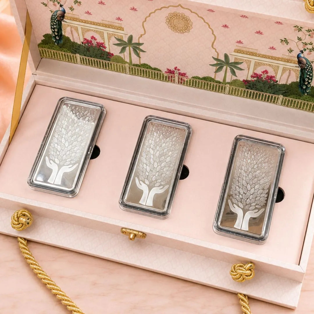 Leaf in Hand 200 gm Premium Banyan Tree 999 Pure Silver Bar with Elegant Gift Box