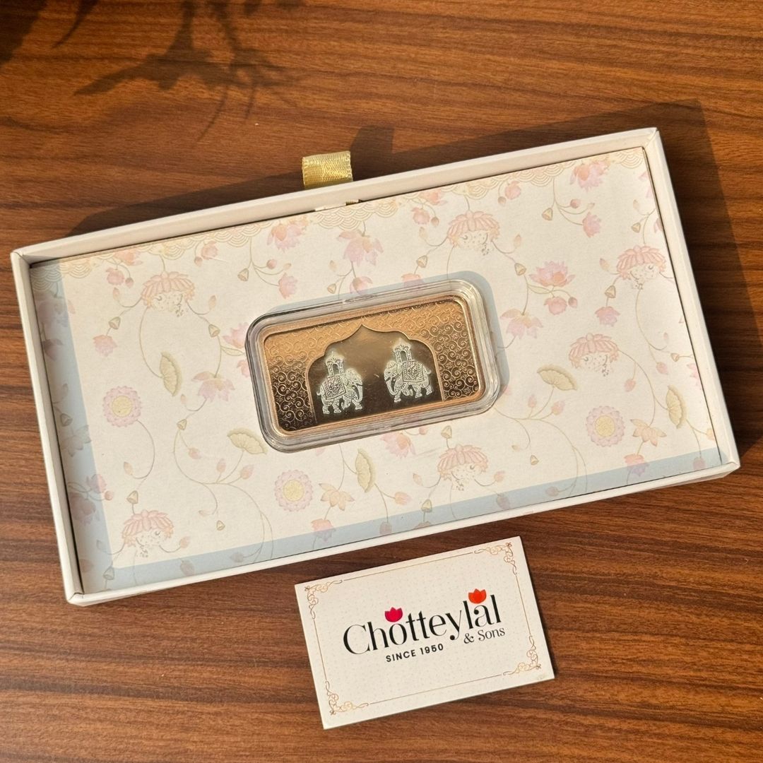 Ashirwaad Two Elephant Design, Rose Gold Finish, Dollar Shape, 20 gm Each , 999 Silver Coin Box Set – Ready to Ship