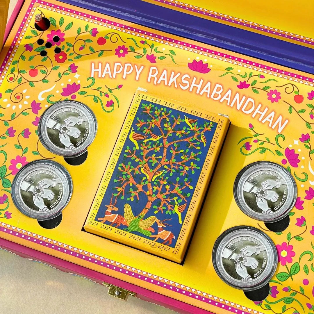 Raksha Bandhan Musical Box With 40 Gram Silver Coin (10 gram each) and Playing Cards - 999 Purity Silver Coins