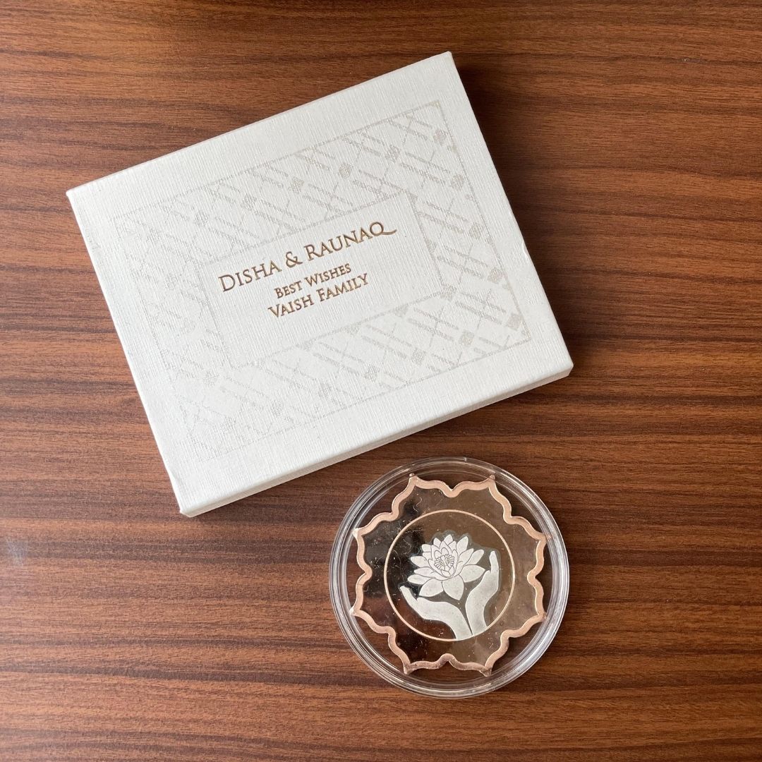 Lotus In Hand Design, Rose Gold Finish, Lotus Shape (50 Grams), 999 Purity Silver Coin - Customizable Packaging