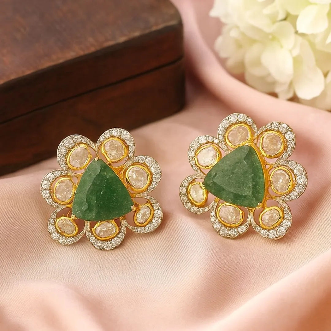 Emerald Triangle Blossom Polki Earrings - 22K Gold Plated, 92.5 Pure Silver Base