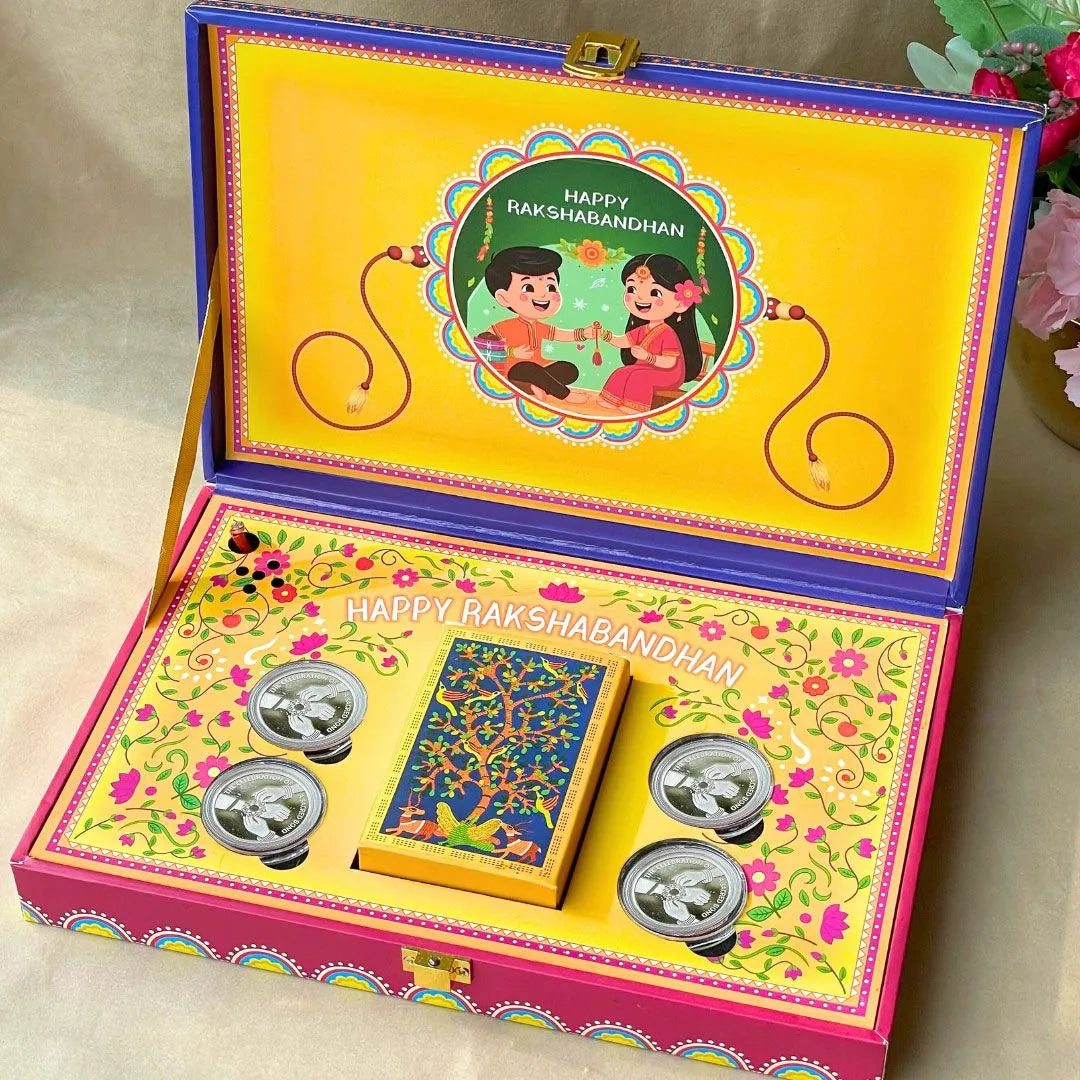 Raksha Bandhan Musical Box With 40 Gram Silver Coin (10 gram each) and Playing Cards - 999 Purity Silver Coins