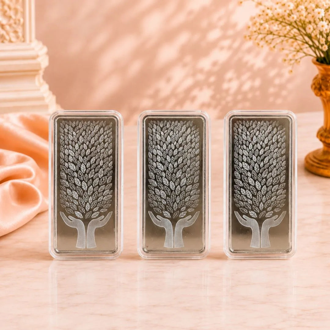 Leaf in Hand 200 gm Premium Banyan Tree 999 Pure Silver Bar with Elegant Gift Box