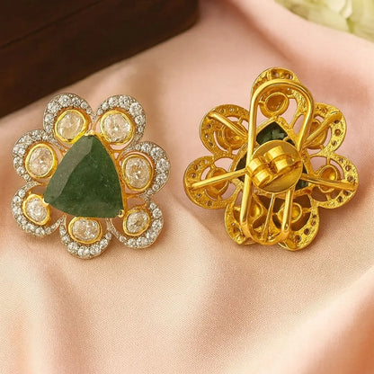 Emerald Triangle Blossom Polki Earrings - 22K Gold Plated, 92.5 Pure Silver Base