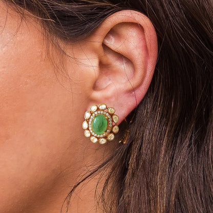 Emerald Oval Bloom Polki Earrings - 22K Gold Plated, 92.5 Pure Silver Base