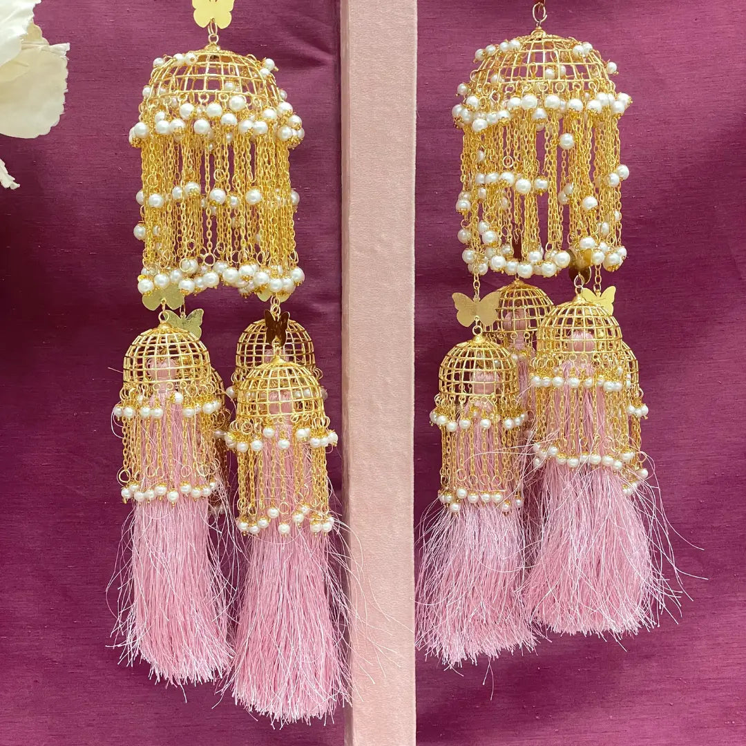 Golden Pearl & Pink Tassels Long Bridal Kaleera