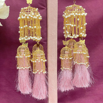 Golden Pearl & Pink Tassels Long Bridal Kaleera