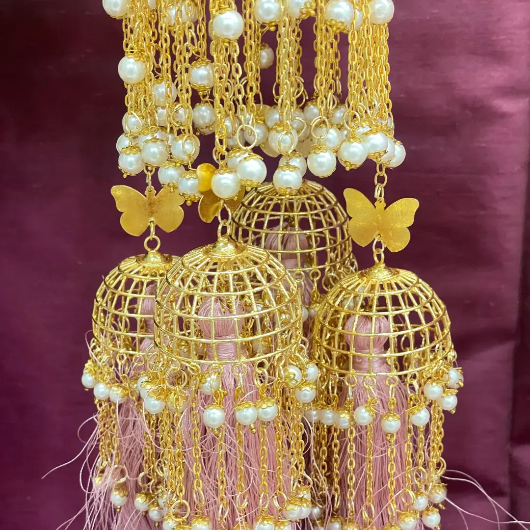 Golden Pearl & Pink Tassels Long Bridal Kaleera