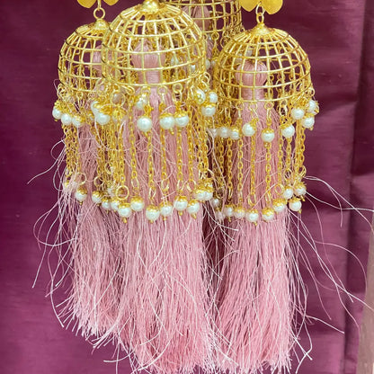 Golden Pearl & Pink Tassels Long Bridal Kaleera