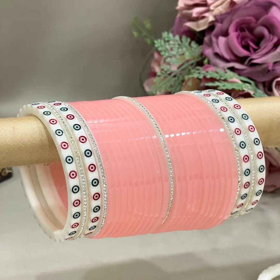 Peach Tone Punjabi Wedding Chooda With White Dots & Simmer Bangles