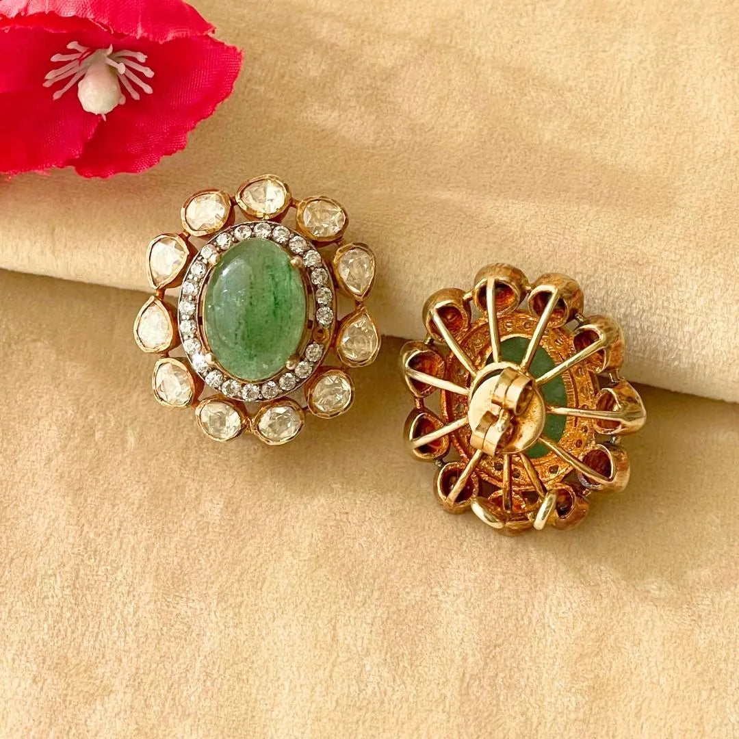 Emerald Oval Bloom Polki Earrings - 22K Gold Plated, 92.5 Pure Silver Base