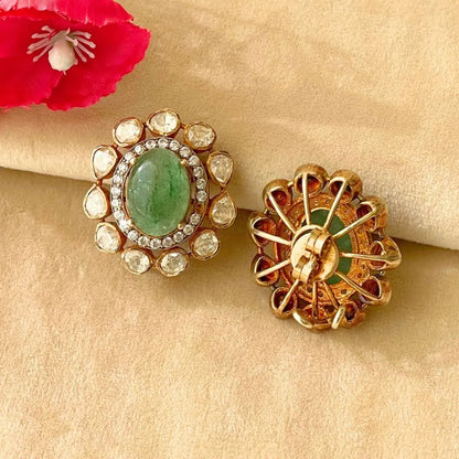 Emerald Oval Bloom Polki Earrings - 22K Gold Plated, 92.5 Pure Silver Base