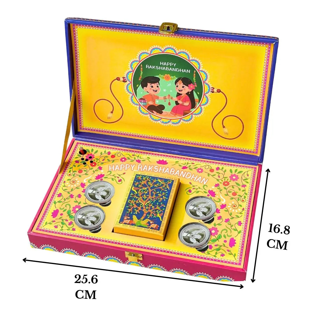 Raksha Bandhan Musical Box With 40 Gram Silver Coin (10 gram each) and Playing Cards - 999 Purity Silver Coins