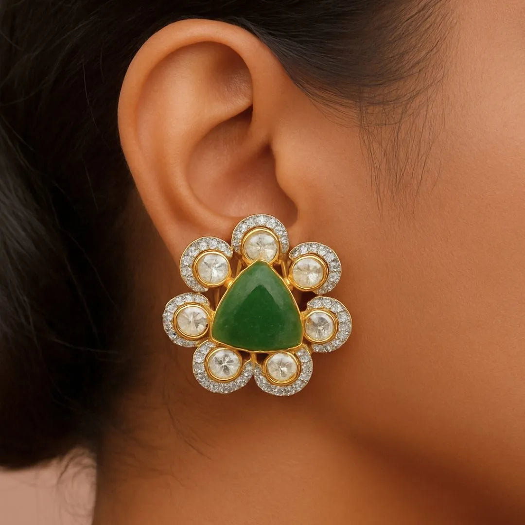 Emerald Triangle Blossom Polki Earrings - 22K Gold Plated, 92.5 Pure Silver Base