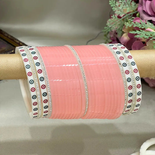 Peach Tone Punjabi Wedding Chooda With White Dots & Simmer Bangles