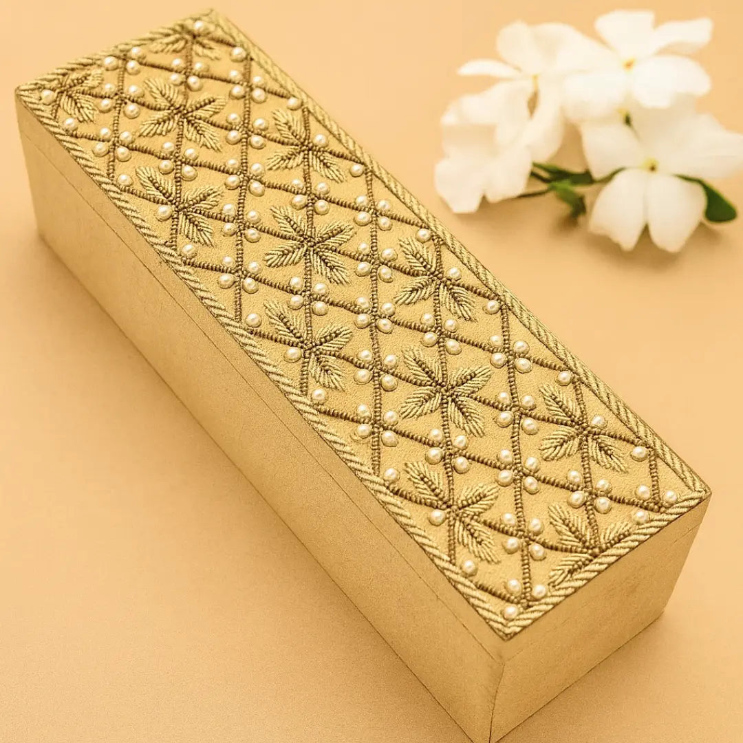 Velvet Ivory/Beige Hand Embroidered Chura Box | Bangle Box - Rectangle