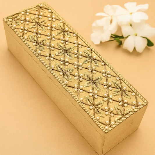 Velvet Ivory/Beige Hand Embroidered Chura Box | Bangle Box - Rectangle
