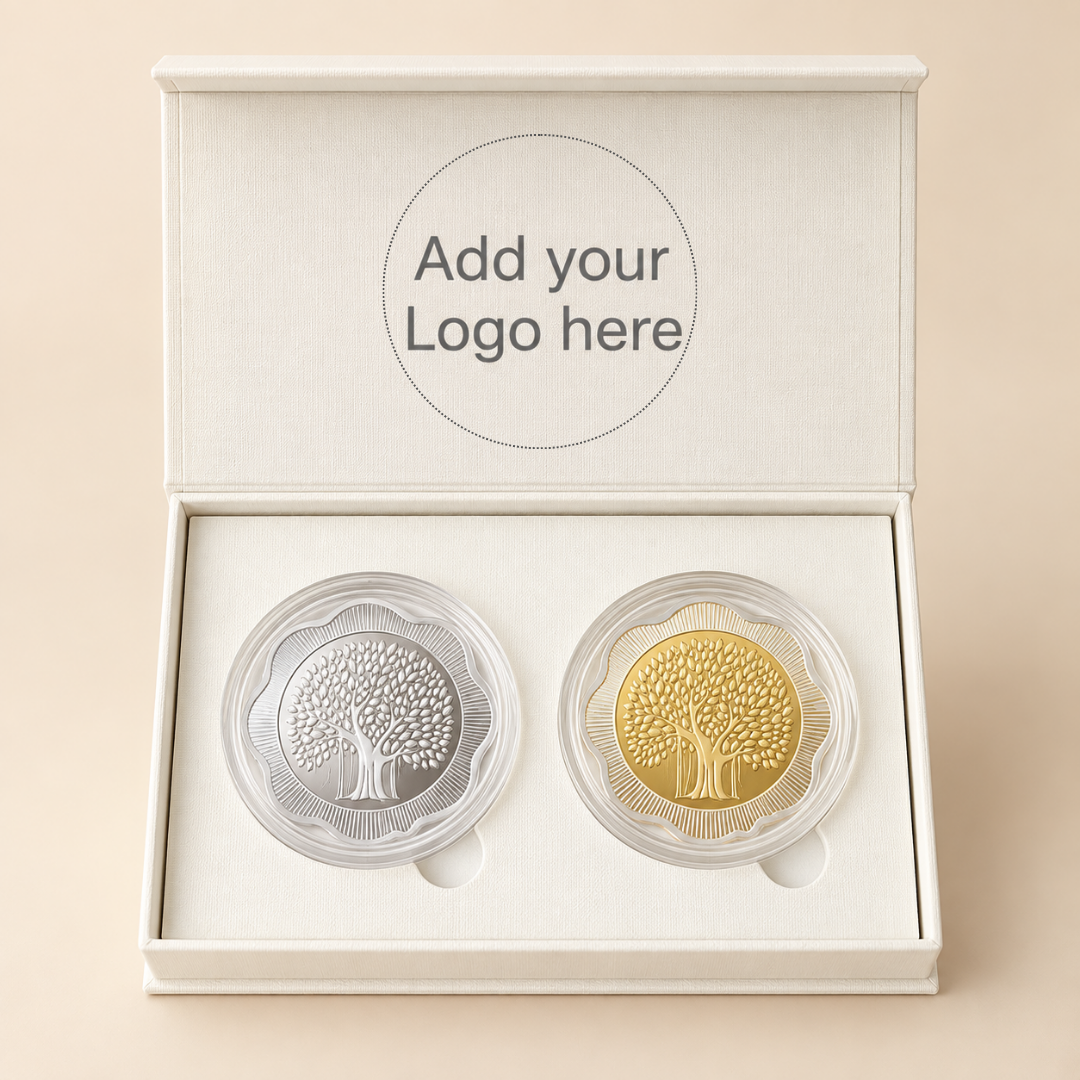 Banyan Tree, Gold & Silver, Floral Shape, Set of 2 (50 g Each), 999 Purity Silver Coin - Wedding Gifts