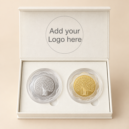 Banyan Tree, Gold & Silver, Floral Shape, Set of 2 (50 g Each), 999 Purity Silver Coin - Wedding Gifts