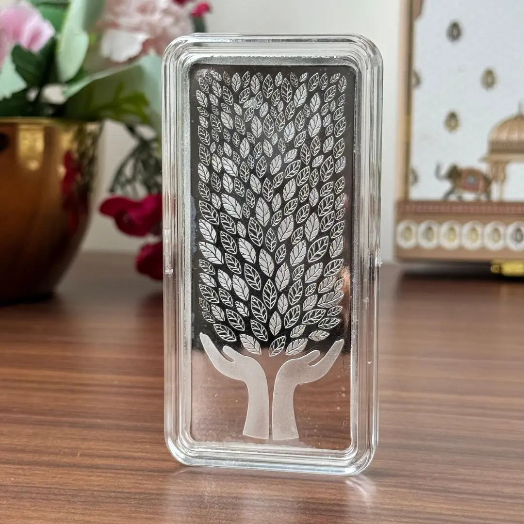 Leaf In Hand, Silver, Bar Shape, 100 GM, 999 Purity Silver Coin – Ready To Ship