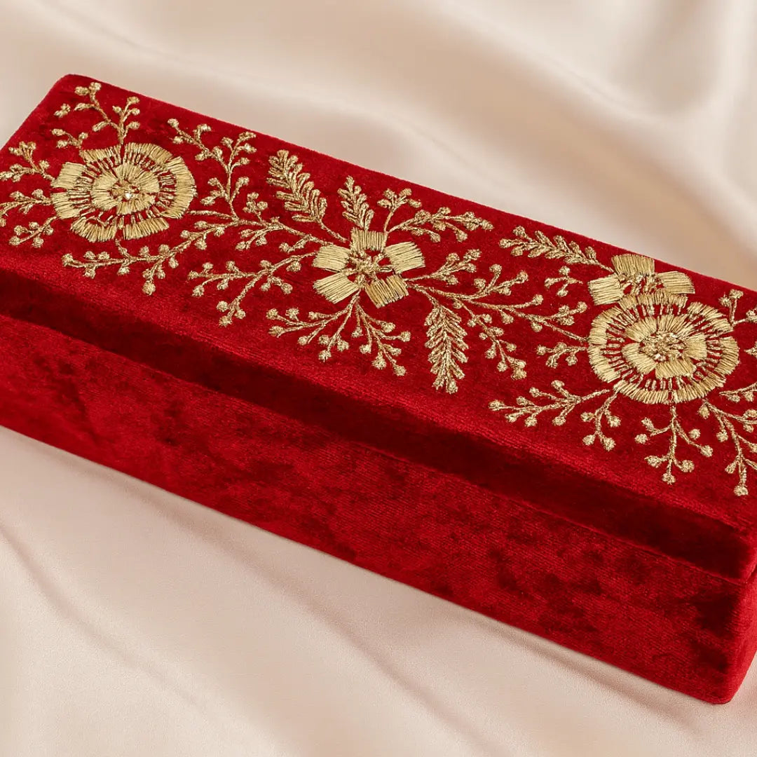 Dark Red/Maroon Velvet Chooda Box | Bange Box With Floral Design