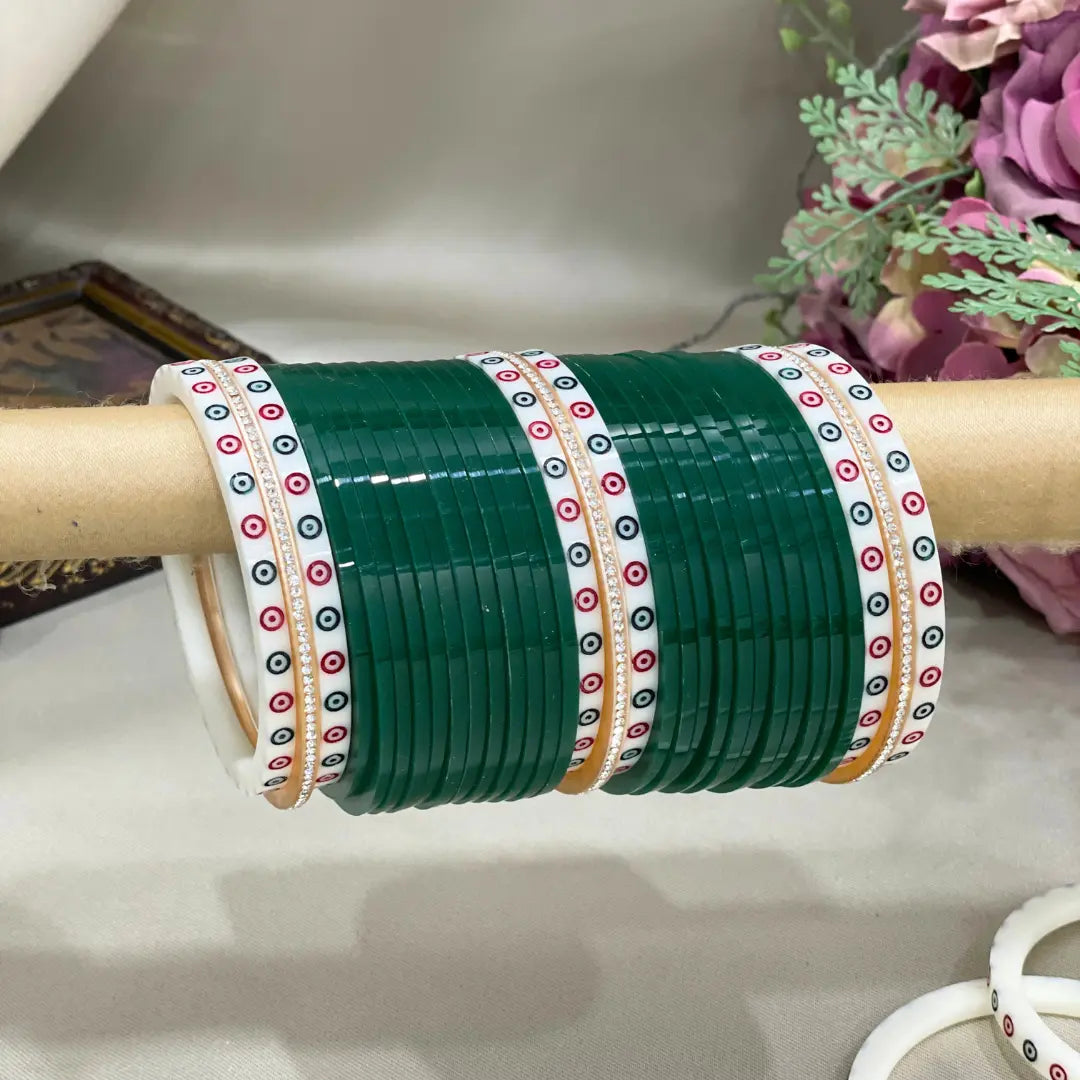 Punjabi Green Chooda With White Dots Simmer Bangles Bridal Chura Des Chotteylal sons
