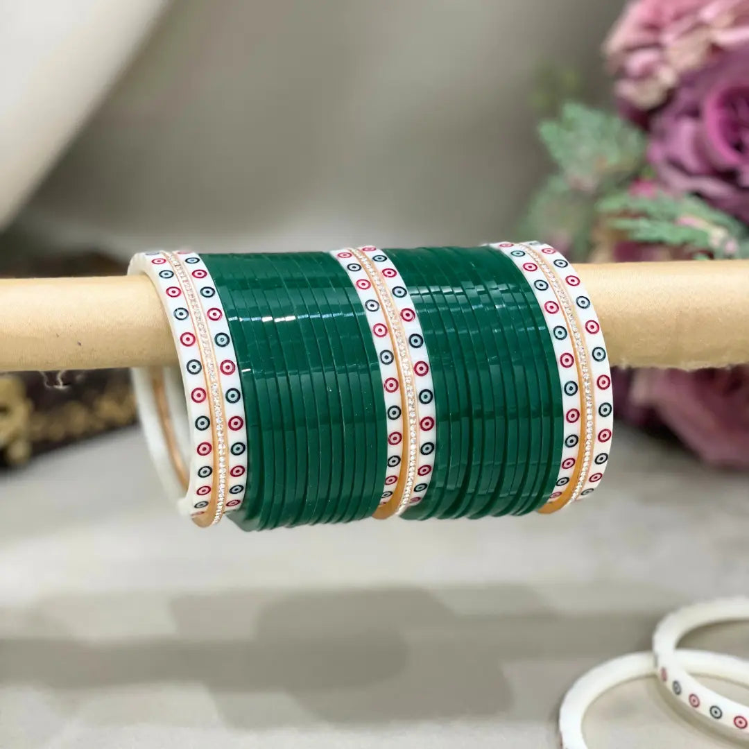 Punjabi Green Chooda With White Dots & Simmer Bangles Bridal Chura Design