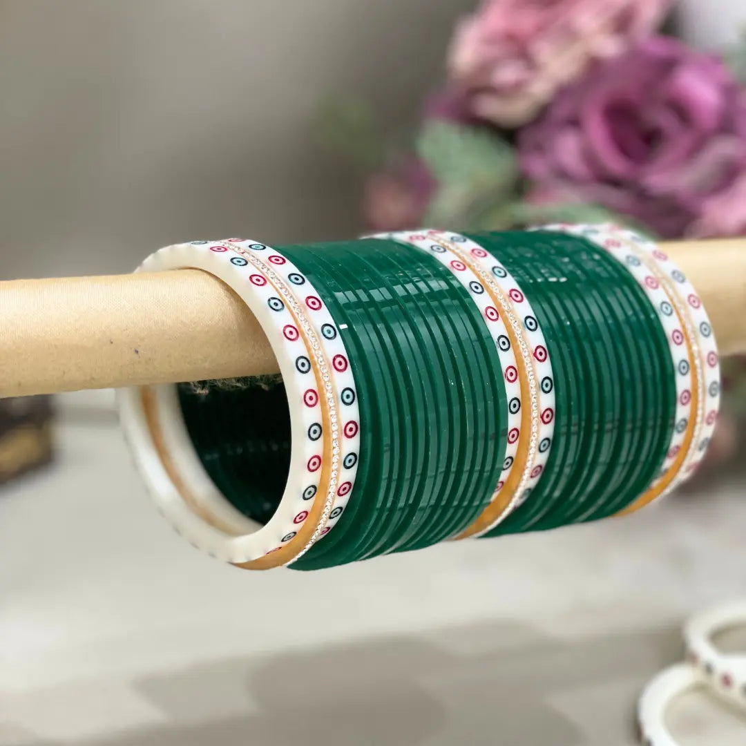 Punjabi Green Chooda With White Dots & Simmer Bangles Bridal Chura Design