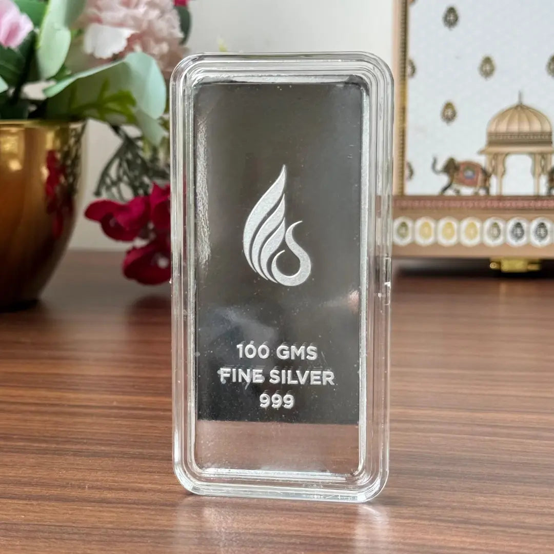 Leaf In Hand, Silver, Bar Shape, 100 GM, 999 Purity Silver Coin – Ready To Ship