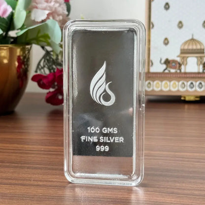 Leaf In Hand, Silver, Bar Shape, 100 GM, 999 Purity Silver Coin – Ready To Ship