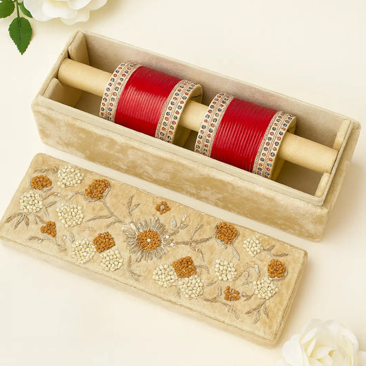 Premium Ivory Velvet Choora Box | Bangle Box With Golden Vine Design - Rectangle