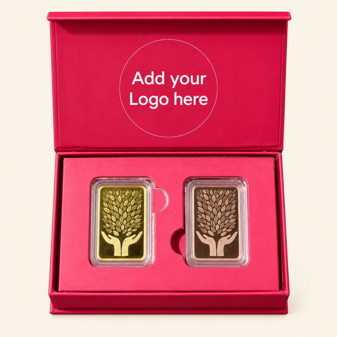 Leaf In Hand, Gold & Rose Gold Finish, Bar Shape, Set of 2 (5 g Each), 999 Purity Silver Coin - Wedding Gifts