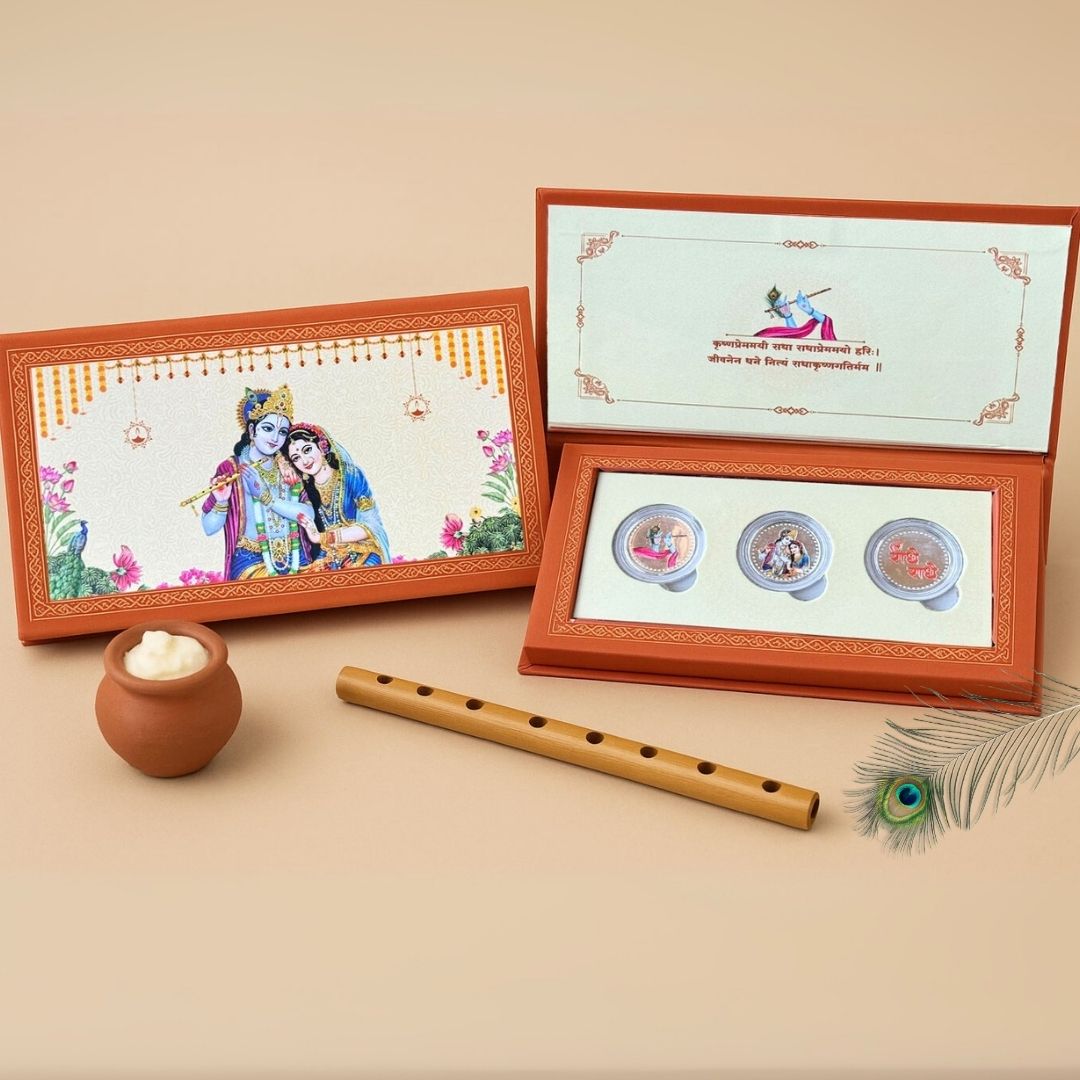 Radha Krishna ji, Silver, Folder Box, 3 Coins (1 GM Each), 999 Purity Silver Coins