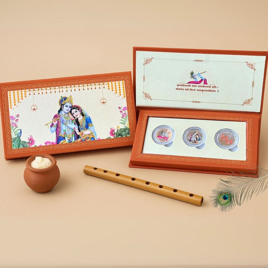 Radha Krishna ji, Silver, Folder Box, 3 Coins (1 GM Each), 999 Purity Silver Coins