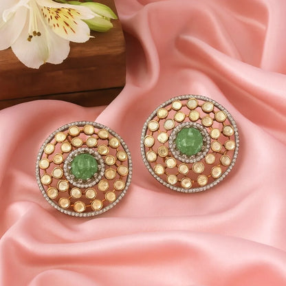 Classic Round Polki Earrings - 22K Gold Plated, 92.5 Pure Silver Base